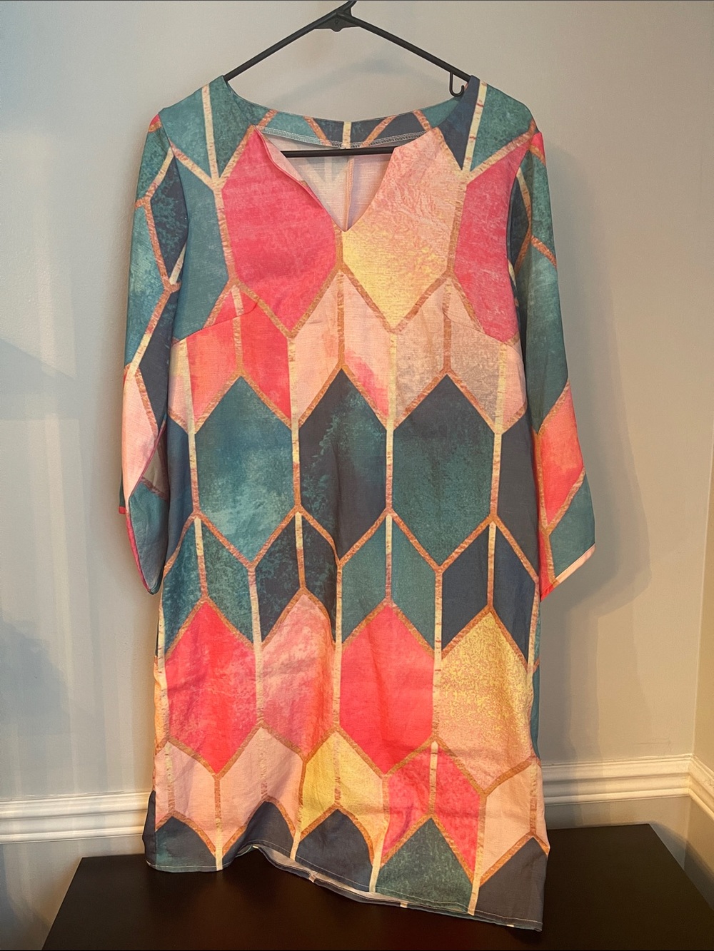 Geo-Print Shift Dress in Teal & Coral
